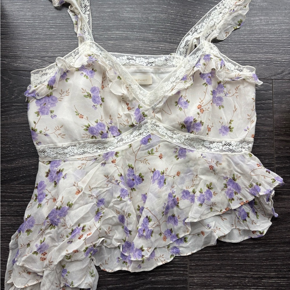 LoveShackFancy White and Purple Lace Camisole